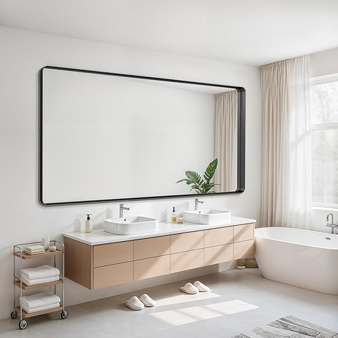 Suidia Bathroom Mirror, 72" x 36" Wall Mirror Metal Framed, Bathroom Vanity Mirror for Living Room Bedroom Bathroom Entryway, Black, Rounded Corner Style