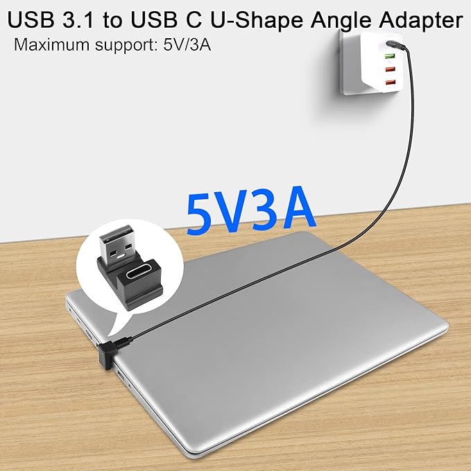 QIANRENON USB 3.1 to USB C U-Shape Angle Adapter 10Gbps USB A Male to USB C Female 180° Angle Connector, for 3A Charging OTG Data Transfer, for Laptop Tablet,2Pcs (Female up)
