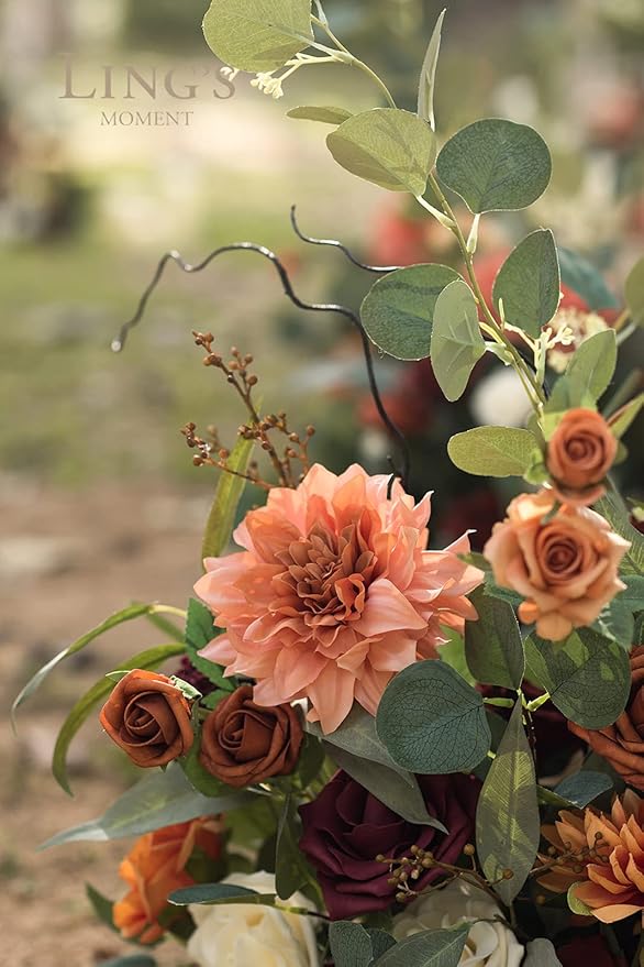 Ling's Moment 22" Tall Fall Free Standing Artificial Flowers Arrangements 2 pcs Fall Wedding Aisle Runner Chair Decorations Fake Terracotta Arch Entryway Ceremony Reception Church Rose Floral Party