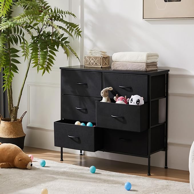 Sweetcrispy Dresser for Bedroom with 6 Storage Drawers, Fabric Storage Tower Organizer, Chest of Drawers with Metal Frame Wooden Top for Closet, Living Room, Entryway, Black