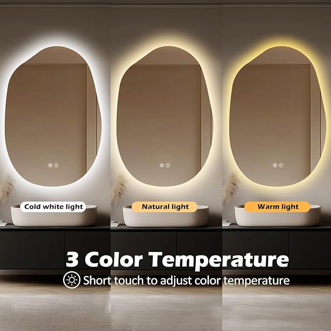 LED Bathroom Mirror with Lights 26x38, Stepless Dimmable Irregular Backlit Mirror with 3 Colors, Anti-Fog, Memory, Al-Alloy Lampshade, Frameless Vanity Mirror for Bathroom (Horizontal/Vertical)