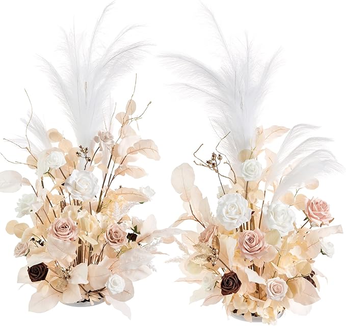 Ling's moment Christmas Decor, 41" Tall Fall Free Standing Artificial Flowers Arrangements 2pcs Wedding Arch Altar Stage Decorations White Beige for Ceremony Reception Rose Fake Floral Party