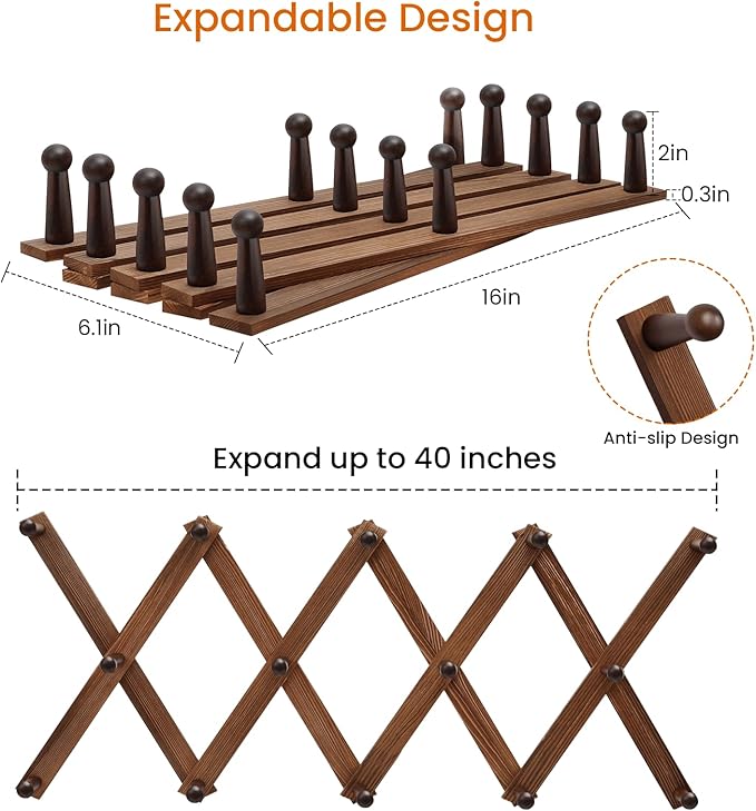Homode Accordion Wall Hanger, Hat Rack for Wall, Wood Expandable Coat Rack, Vintage Accordian Peg Hooks Purse Organizer for Hanging Baseball Caps, Coffee Mug, Hats, Clothes, Backpack, Towel