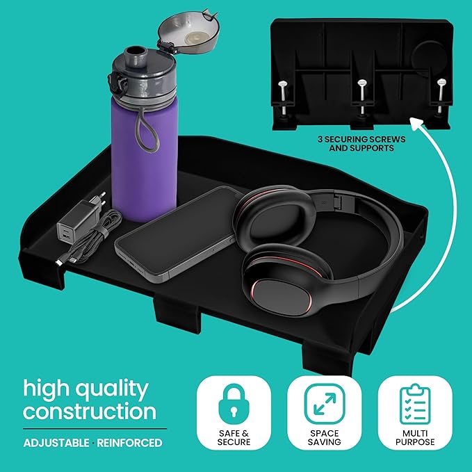 Modern Innovations 2 Count Bedside Organizer for Bed – Clip On Tray with Cup & Cord Holder – for College Dorm, Top Bunk, or Kids Bedroom (Black)
