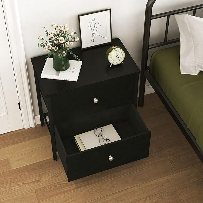 BOLUO Black Nightstands Set of 2, 2 Drawer Dresser for Bedroom Night Stand Small Nightstands End Table with Fabric Drawers Modern