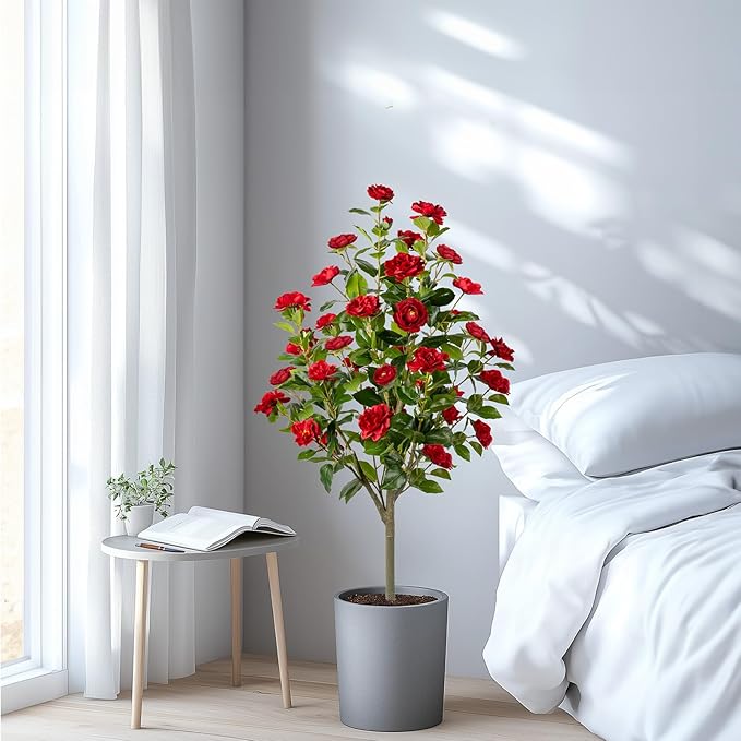 Artificial Camellia Tree 2 Pack, Artificial Plants Outdoor Faux Floral Plant in Cement Pot Fake Silk Camellia Tree Plants for Home House Living Room Office Decor