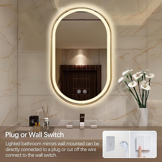 Niccy Oval LED Mirror for Bathroom, 32x20 Front Lit + Backlit Vanity Mirrors with Light Anti-Fog, Shatter-Proof, Makeup Mirror with Gold Frame (Horizontal/Vertical)