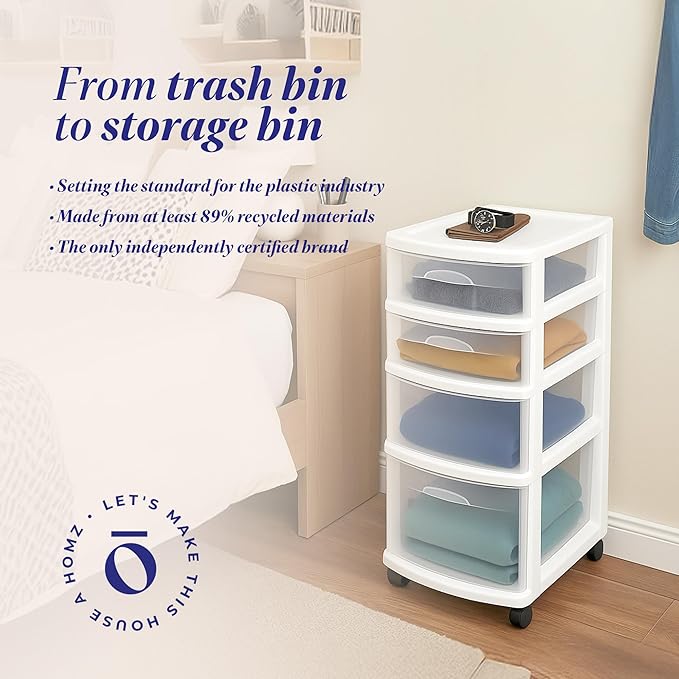 HOMZ Drawer Tower, 4-Tier Clear Plastic Storage Organizer Cart, White Frame – Rolling Containers with Wheels for Bathroom, Bedroom, Office, and Classroom Organization