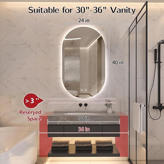 40" x 24" Oval LED Mirror for Bathroom, Backlit Vanity Mirror with Lights, Frameless Smart Wall Mirror, 3 Colors Stepless Dimmable, Anti-Fog, Shatterproof, Memory, CRI95+(Horizontal/Vertical)