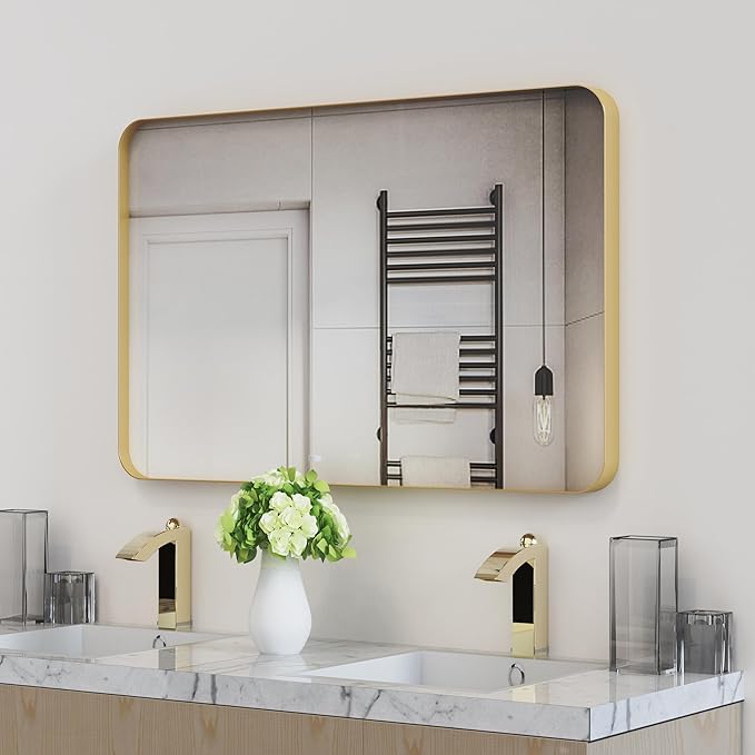 VocalStar Gold Bathroom Mirror for Wall, 40 x 30 Inch Metal Framed Rounded Rectangle Vanity Mirror Modern Farmhouse, 1/4-inch Shatterproof Glass | Ultra-Flush Hanging