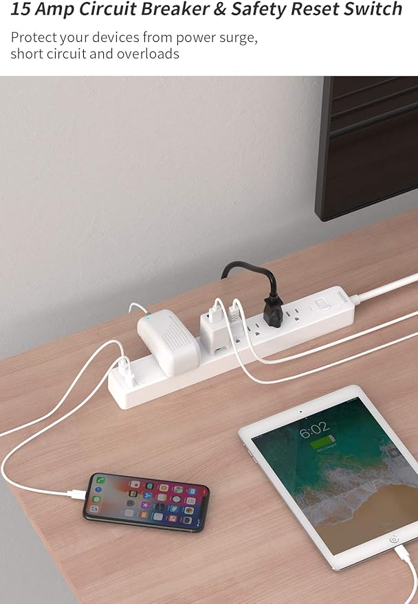25ft Extension Cord Power Strip, 6 Outlets Surge Protector with 2 USB Ports, 15 A Circuit Breaker, Widely Spaced Outlet, Long Power Strip with Flat Plug Wall Mount for Home Office, Old House