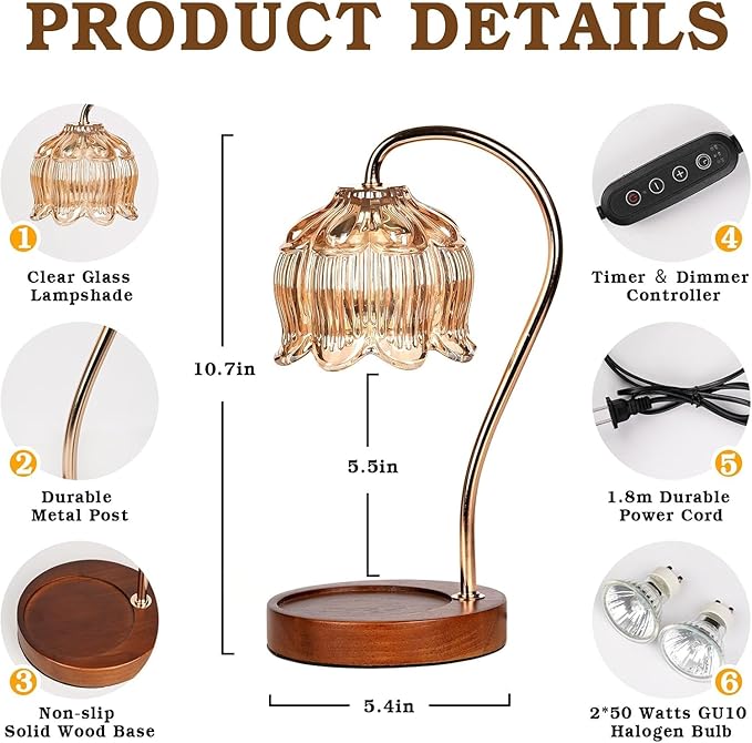 Flower Candle Warmer Lamp 2 Pack, Candle Lamp with Timer, Christmas Birthday Gifts for Women Mom, Lamp Candle Warmer for Jar Candles, Home Decor, 4 Bulbs, Amber