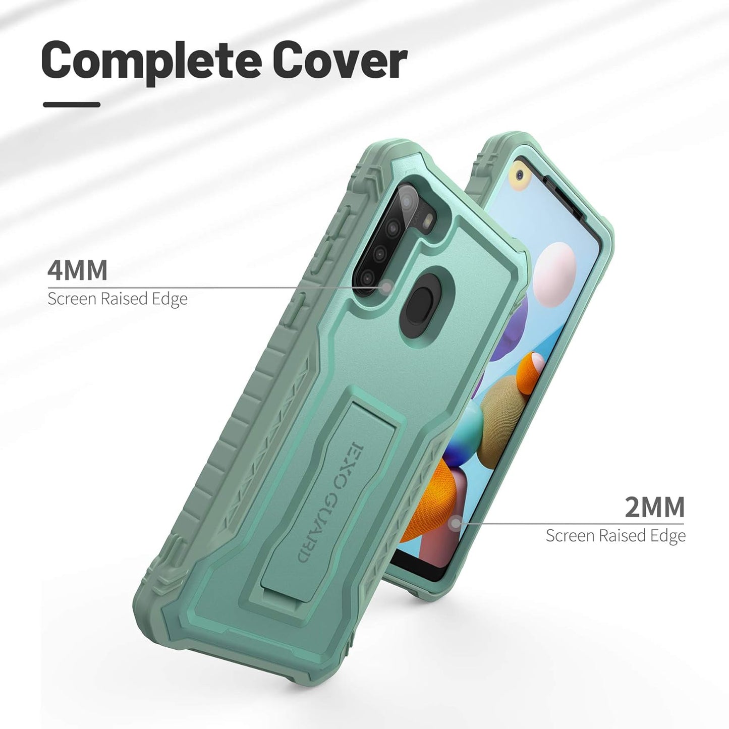 ExoGuard Rubber Shockproof Full-Body Case for Samsung Galaxy A21, Green with Built-in Screen Protector & Kickstand