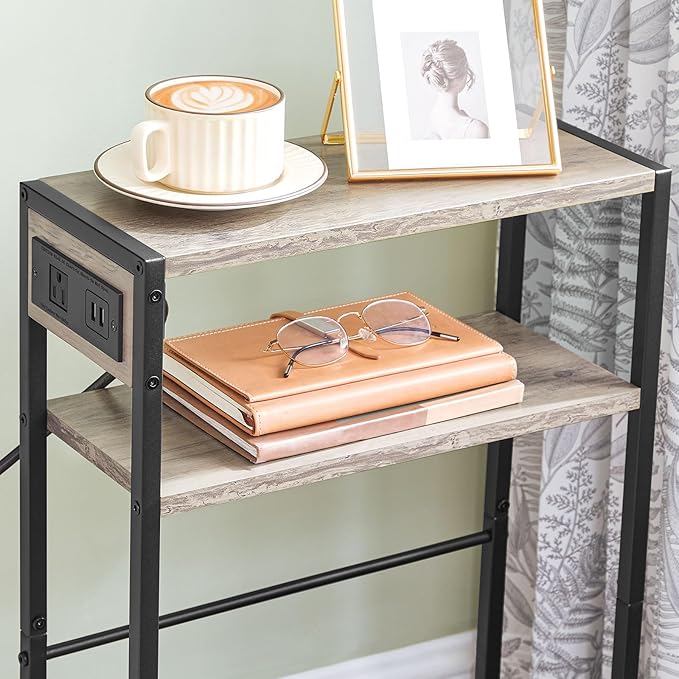 HOOBRO Small Narrow Side Table with Charging Station, Skinny End Table for Small Spaces, Slim Nightstand with USB Ports Outlet, Sofa Beside Table with Storage Shelf, Greige and Black BG102UBZ01