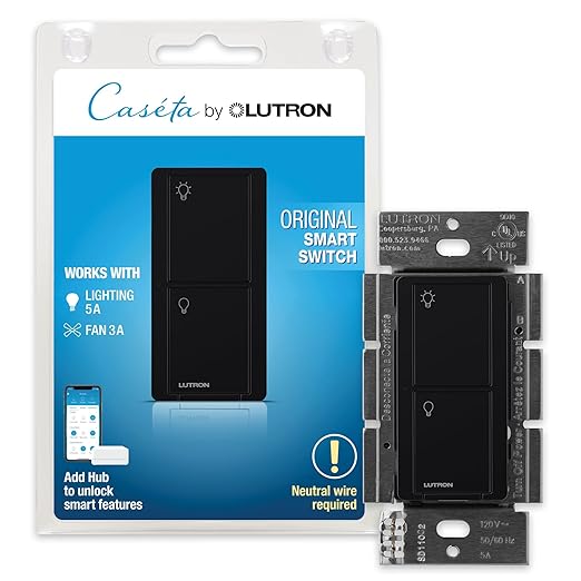 Lutron Caseta Original Smart Light Switch (Lutron Smart Hub Required), for Home, LED Lights, and Fans, 6 Amp, Single-Pole/3-Way, Neutral Required, PD-6ANS-BL, Black