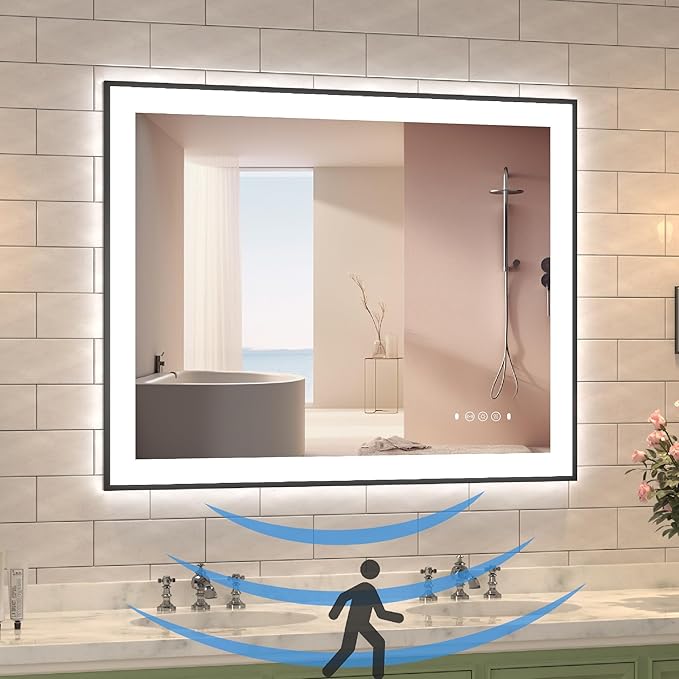 40"x32" Framed Bathroom Mirror with Lights, Motion Sensor Black Vanity Mirror Wall Mounted with 1.97" Front Light Source & Backlit, 3 Colors Dimmable Anti-Fog, Tempered Glass, HD Reflection