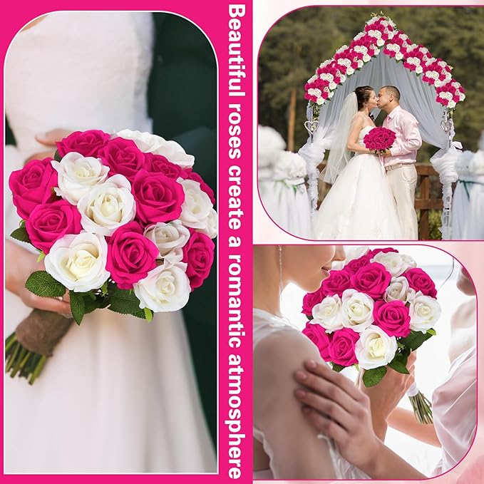 72 Pcs Hot Pink, White Artificial Roses, Bulk Fake Silk Flowers for Wedding Arch, Centerpieces, Vase Filler, Party Decor (36 Pink + 36 White)