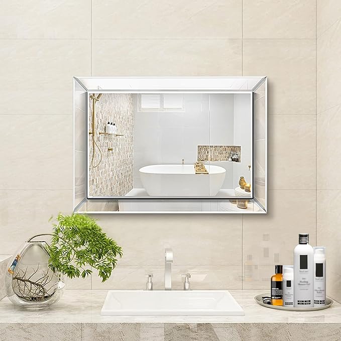 Pregaspor Mirror on Mirror Wall Mirror for Bathroom, 16" x 24" Rectangular Frameless Bathroom Vanity Mirrors for Wall, Polished Beveled Edge Mirrors for Washroom