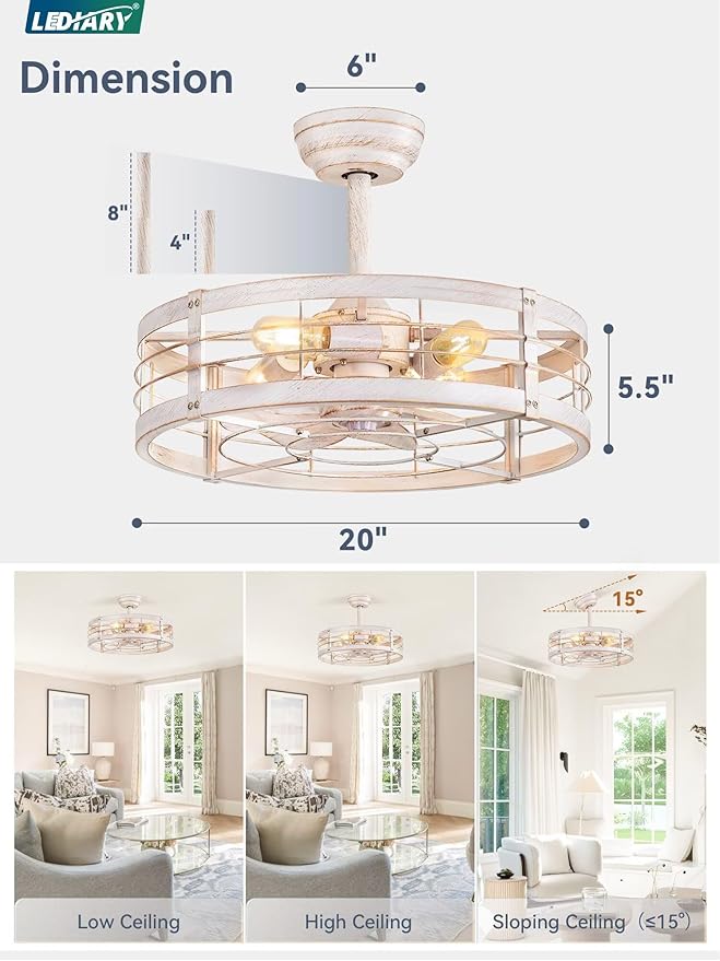 LEDIARY 20 Inch Fandelier Caged Ceiling Fan with Light, Bladeless Ceiling Fan with Remote, Small Farmhouse Fan Lights Ceiling Fixtures for Kitchen, Bedroom-White and Gold