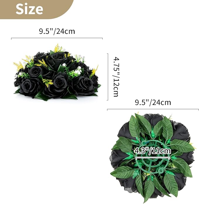 NUPTIO Black Artificial Roses Flowers: Fake Flower Bouquet Halloween Decorations - 15 Heads Artificial Rose Centerpieces with Base for Gothic Wedding Party Table Decor 2 Pcs
