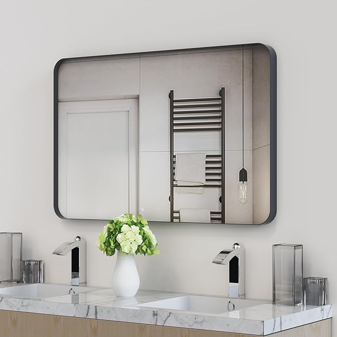 VocalStar Black Metal Framed Bathroom Mirror for Wall, 40 x 30 Inch Large Rounded Rectangle Matte Black Bathroom Vanity Mirror Farmhouse, 1/4-inch Shatterproof Glass | Ultra-Flush Hanging