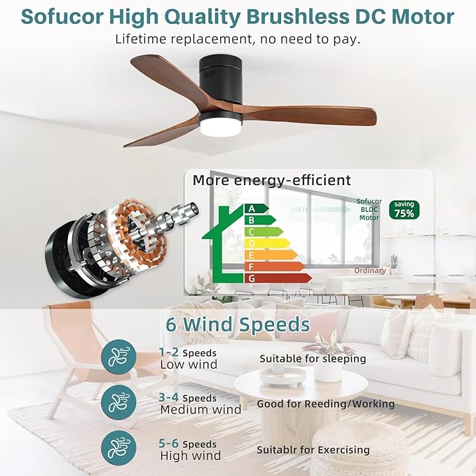 Sofucor 52 Inch Smart Ceiling Fans with Lights-Flush Mount Low Profile Modern Outdoor Solid Wood Ceiling Fans with Alexa/Google Assistant/APP/Remote Control for Bedroom/Farmhouse/Patio, Brown Black