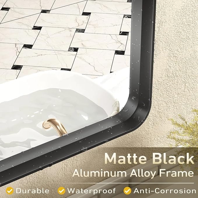 32x36 Inch Black Metal Framed Bathrrom Mirror for Wall, Black Rounded Rectangle Mirror, Matte Black Bathroom Vanity Mirror, Anti-Rust, Tempered Glass, Hangs Horizontally or Vertically