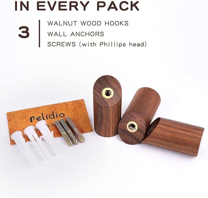 Wood Hooks, 3 Pack Wall Hooks Heavy Duty Rustic Coat Hooks Wall Mounted, Decorative Hooks for Hanging Coats Hats Towels Robes Hat Rack for Wall (Walnut Wood)