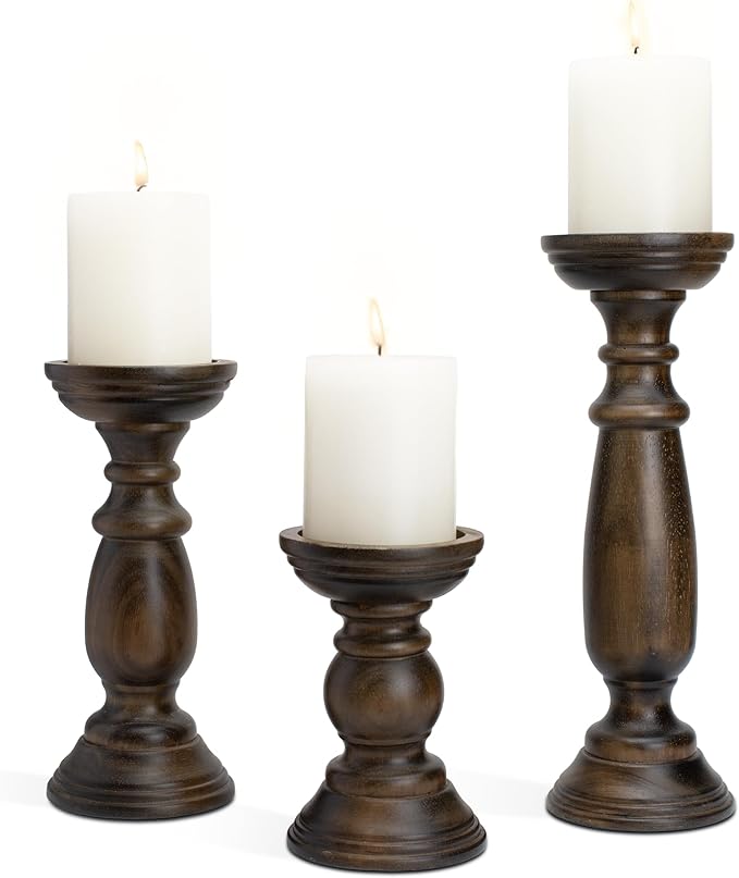 Rustic Wooden Pillar Candle Holders Set of 3, 12'' 9'' 6'' Farmhouse Wood Candle Stand for Table Centerpieces, Vintage Tall Candleholders Fireplace Mantel Decor for Living Room, Dark Brown