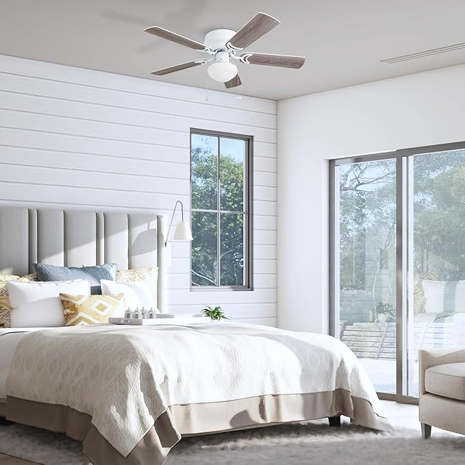 Prominence Home Alvina Traditional 42 Inch Ceiling Fan with Light, LED Flush Mount Ceiling Fan, Indoor Fan with 5 Blades, White and Gray Oak Blade Finish Options, White (80092-01)
