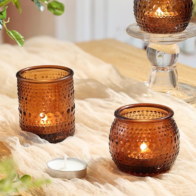 16 Pcs Assorted Amber Candle Holders- Amber Tealight Candle Holder for Fall Wedding Decor, Votive Candle Holders for Fall Home Decorations, Vintage Table Decor