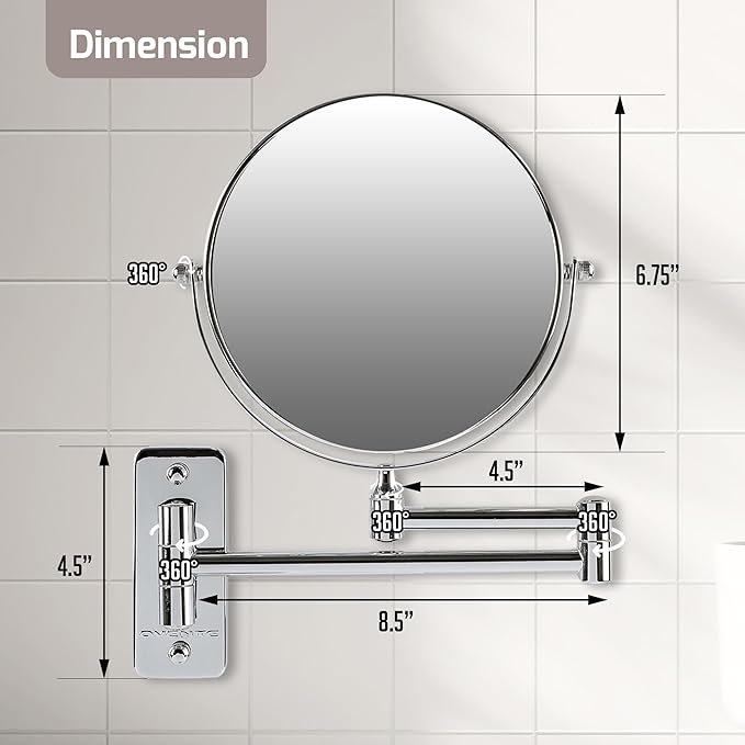 OVENTE 7" Wall Mounted Makeup Mirror with 1X/10X Magnification, Double Sided Magnifying Round Bathroom Vanity Mirror, 360° Swivel Design, Extendable and Folding Arm, Polished Chrome MNLFW70CH1X10X