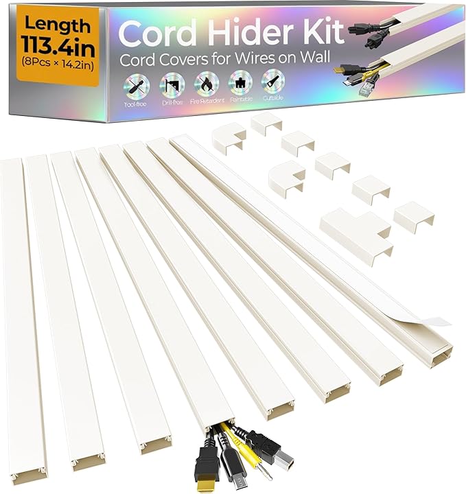 113.4in Cord Hider Kit, Cord Covers for 2-4 Wires on Wall, Self-Adhesive Cable Hider Wire Covers for Cords on Wall, Paintable Cord Hider for Walls Mount Tv, Cable Cover Raceway, W0.95 H0.55in, Beige