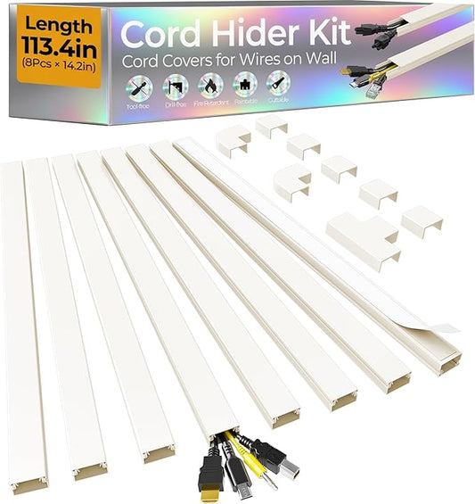 113.4in Cord Hider Kit, Cord Covers for 2-4 Wires on Wall, Self-Adhesive Cable Hider Wire Covers for Cords on Wall, Paintable Cord Hider for Walls Mount Tv, Cable Cover Raceway, W0.95 H0.55in, Beige