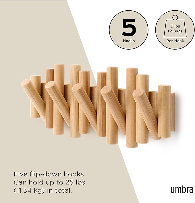Umbra Picket 5 Hooks, Wall-Mounted Rail, Doubles as Art, Beveled Pine Wood Dowels, Natural Finish