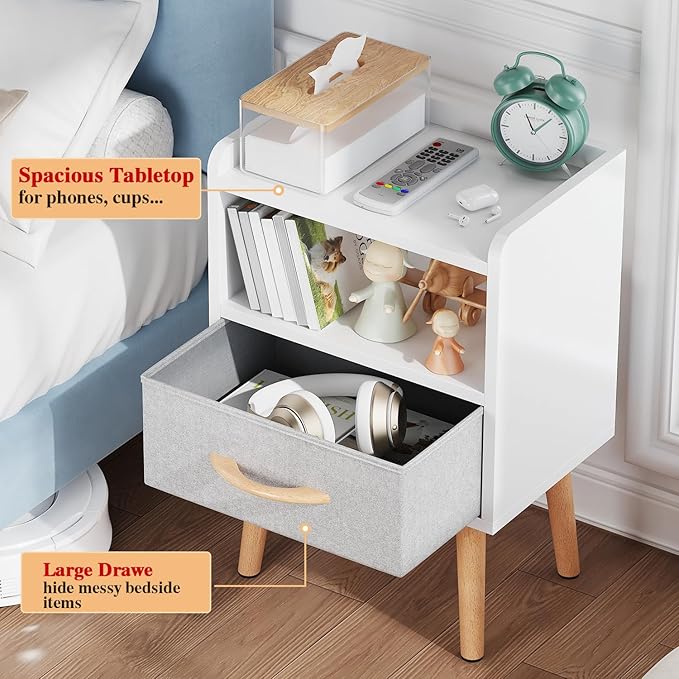 LUCKNOCK White Night Stand with Drawer, Mid Century Modern Bedside Table, Sturdy Wood Nightstand with Open Storage Shelf, Small Bedside Table for Bedroom, Kids Room & Small Spaces.