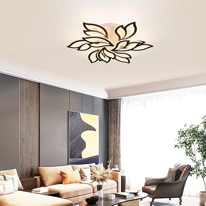 Garwarm LED Ceiling Light, Dimmable Modern Flower Shape Flush Mount Ceiling Lamp, 75W Acrylic Petals Ceiling Chandelier Lighting with Remote Control for Living Room Bedroom Dining Room (Black)