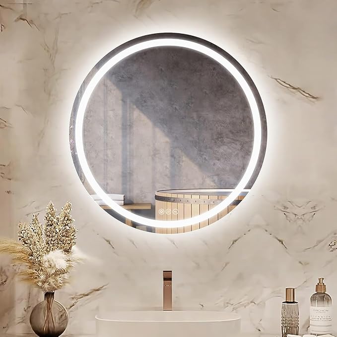 Wall-Mounted LED Round Bathroom Mirror, Makeup Mirror (24 inches x 24 inches,) 3 Color Stepless Dimmable Memory Bathroom Vanity Mirror with Lights CRI90+ 3000-6400K Smart Mirror with Touch