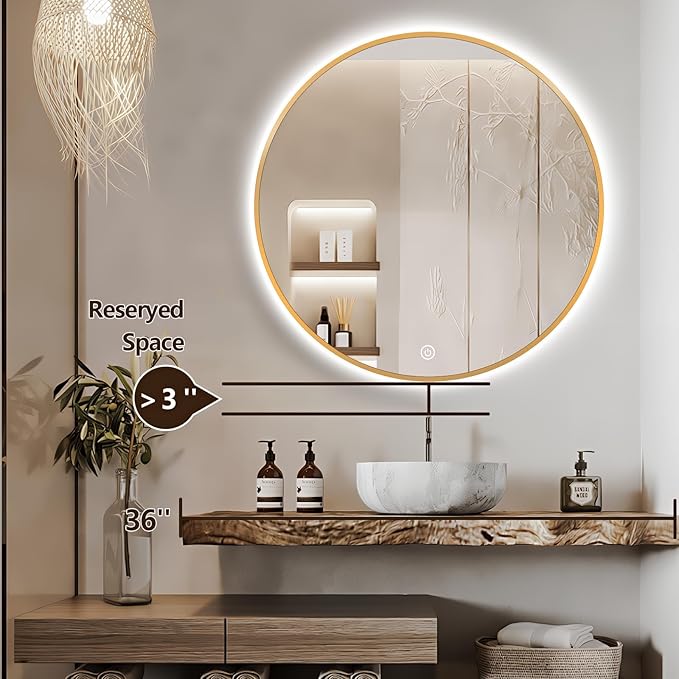 32" Round LED Bathroom Mirror, Wall Mounted Round Backlit Mirror LED Bathroom Vanity Mirror with Lights Fog Free Circle Lighted Mirror with Gold Frame, Smart Light up Mirror 3-Color