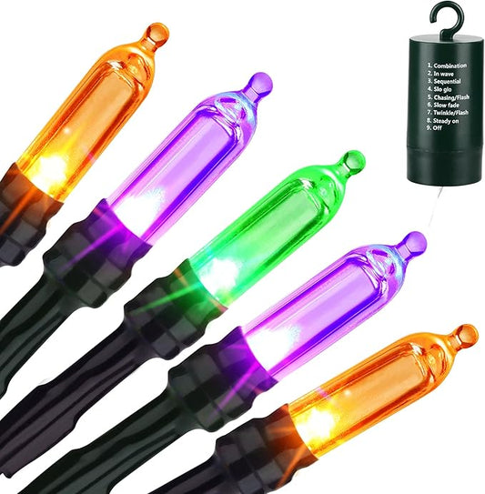 LYHOPE Orange & Purple & Green Halloween Lights, 33ft 100 LED Halloween Decoration Lights Waterproof 8 Modes Battery Operated String Light for Outdoor & Indoor,Tree, Wreaths, Holiday, Party Decor