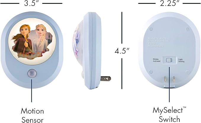 Disney Frozen II MySelect LED Night Light, Motion Sensor, Dusk-to-Dawn, Featuring Anna and Elsa, Ideal for Girls' Bedrooms, Nurseries, or Bathrooms – 44473