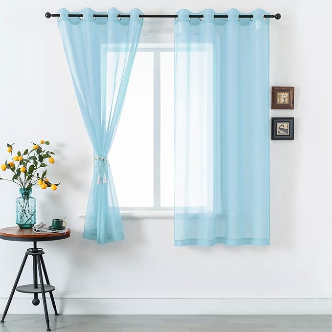 DUALIFE Sky Blue Voile Sheer Curtains Grommet,Look Semi Natural Light Flow Sheer Drapes,Elegant Solid Color Touch Soft Drapes, 52X72 Inch for Living Room Bedroom,Set of 2 Panels Baby Blue
