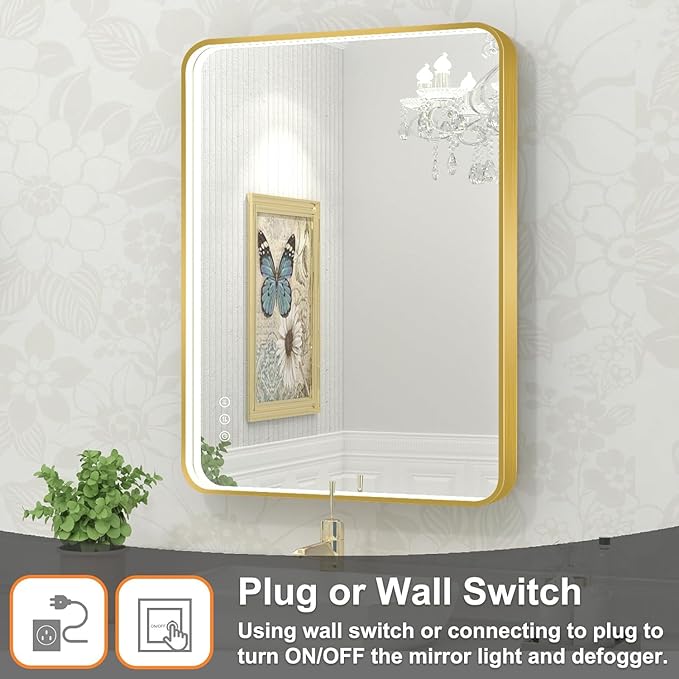 LED Bathroom Mirror with Lights, 24x32 Inch Gold Metal Framed LED Mirror for Bathroom, 3 Colors and Stepless Dimmable Wall Mounted Lighted Bathroom Vanity Mirror, Anti-Fog, Memory