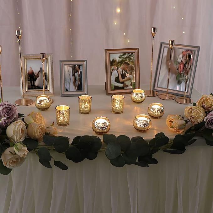DEVI 24pcs Assorted Gold Votive Candle Holders, Mercury Glass Candle Holder, Diwali Decorations, Gold Wedding Centerpieces for Tables, Gold Bridal Shower PartyTable Decorations
