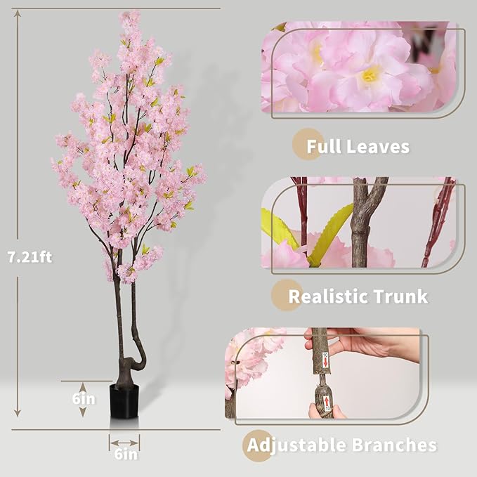 7FT Artificial Pink Cherry Tree,Lifelike Handmade Natural Fake Cherry Blossom Tree,Faux Realistic Sakura Tree,Perfect Decoration for Wedding,Home,Party,Festive