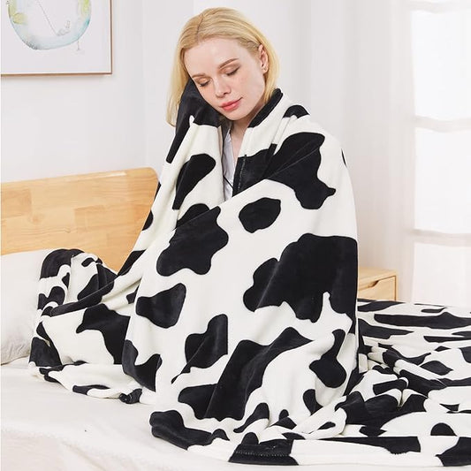 Fleece Cow Print Blanket - Premium Lightweight Anti-Static Bed Cow Throws Soft Cozy Warm Blankets Plush Gift, Bedroom Decor 90" x 108"(Black Cow King)