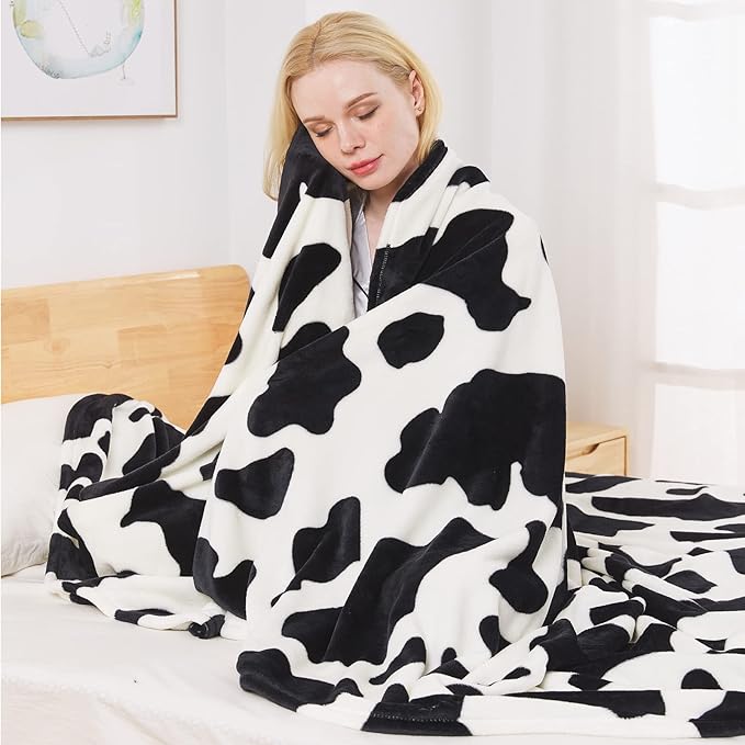 Fleece Cow Print Blanket - Premium Lightweight Anti-Static Bed Cow Throws Soft Cozy Warm Blankets Plush Gift, Bedroom Decor 66" x 90"(Black Cow Twin)