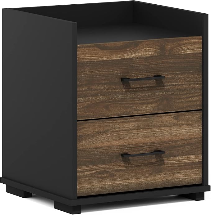 Furinno End Side Night Stand Modern Bedroom Bedside Tables Handle 2 Chest Nightstand, 1-Pack Drawer, Columbia Walnut/Black