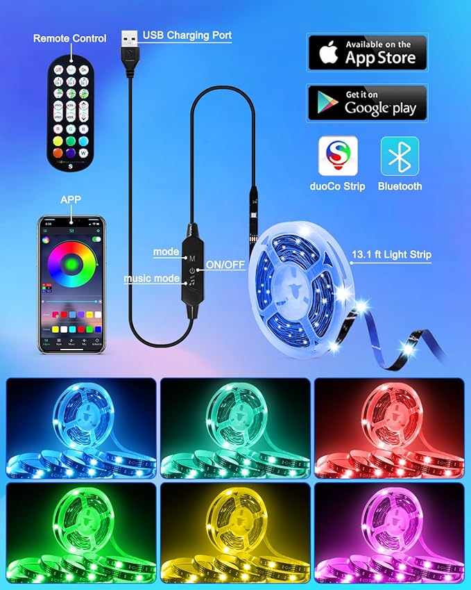 Daymeet LED Lights for TV 40-65 inch TV Behind Lighting, 13.1ft TV Led Backlight TV Led Light Strip, USB Powered RGB Lights Behind with Remote, Music Sync Bluetooth APP Control for Bedroom