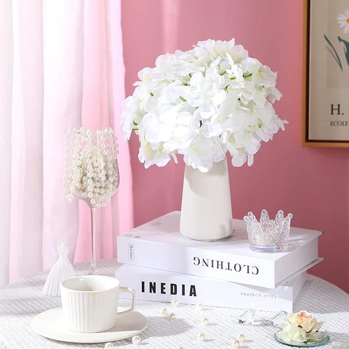 Zeyune 150 Pcs Hydrangea Artificial Flowers, Silk Flower Heads with Stems, Fake Hydrangea Bouquet for Wedding Arch Centerpiece DIY Floral Home Decoration (White)